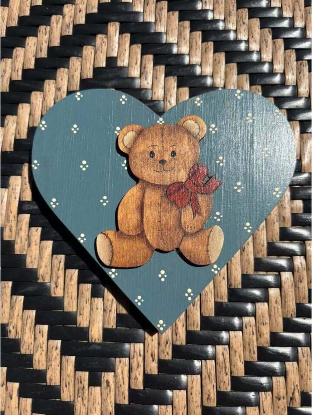 Hand-painted Wooden Heart with Teddy bear
